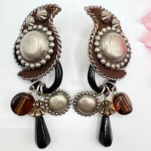 Vintage SINS Mesh Chain Metallic Eclectic Big Bold Statement Clip On Earrings